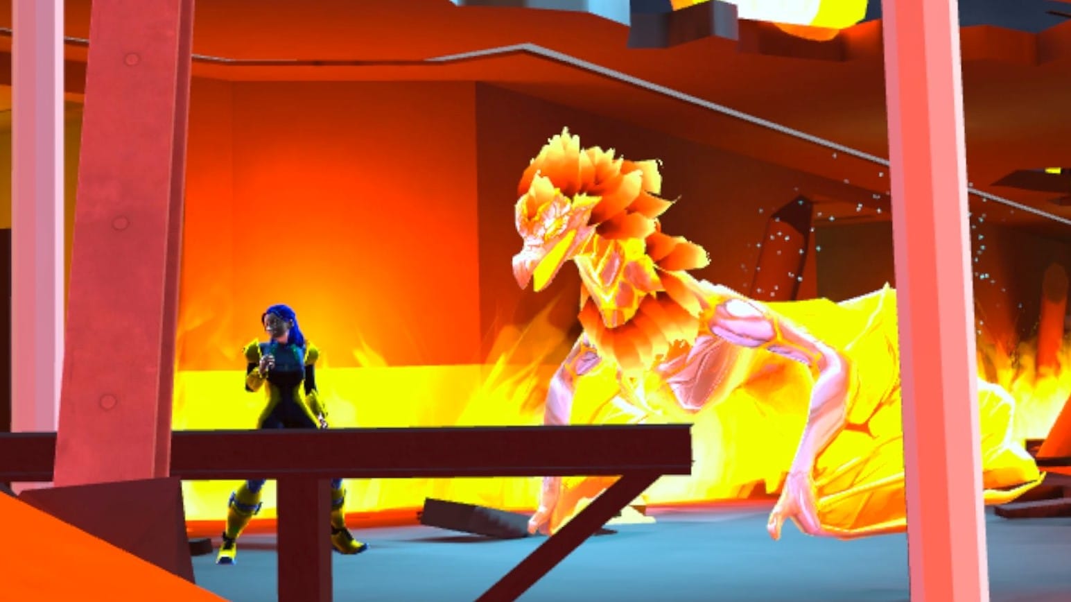 Jackie and Firestorm standing next to each other inside a building